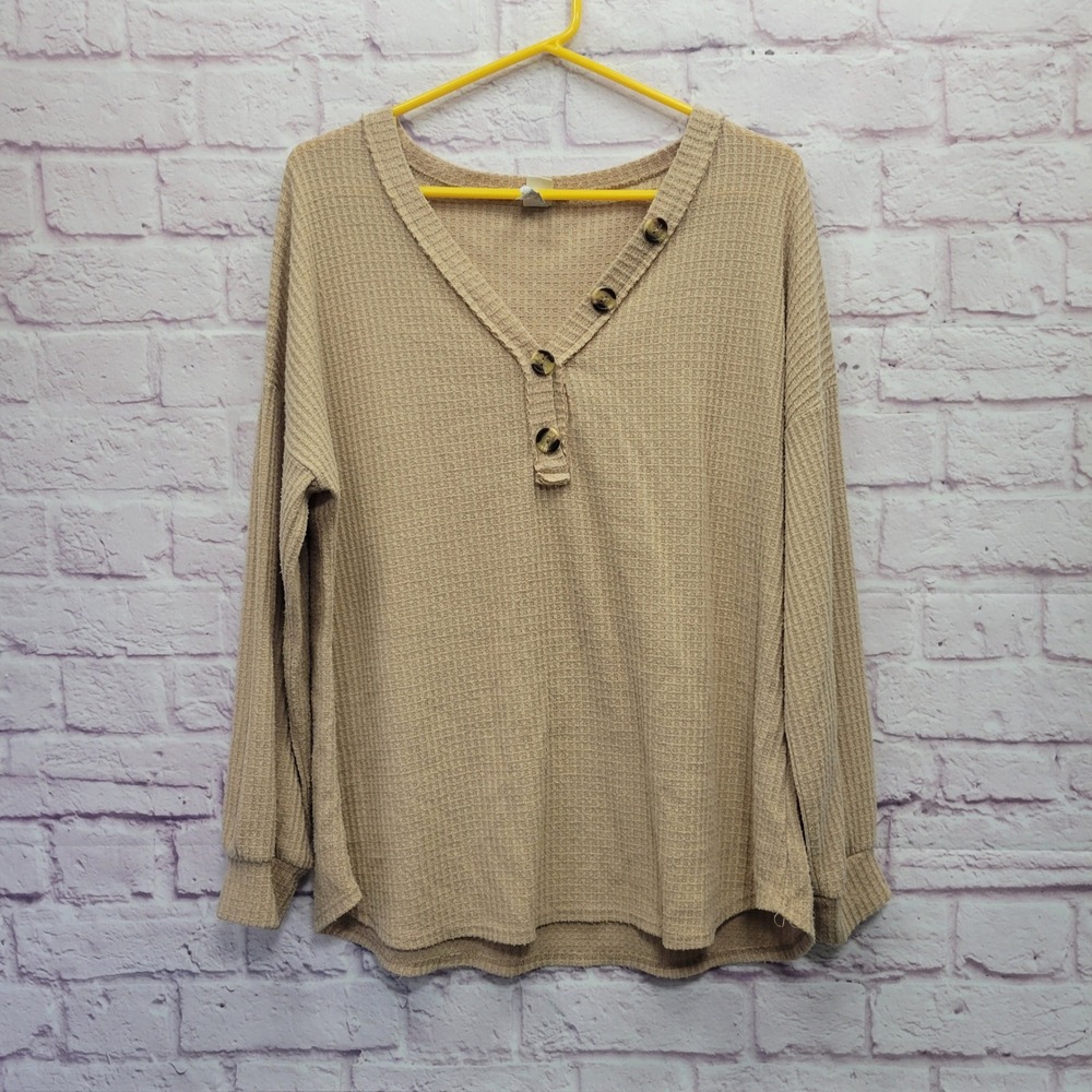 7th Ray Waffle‎ Knit Henley Top Women M Button Front Boho Y2K Indie Minimalist